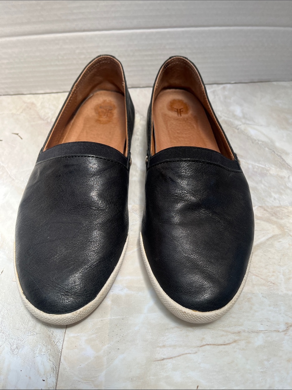 Frye Black Leather Slip-On Sneakers with White Soles